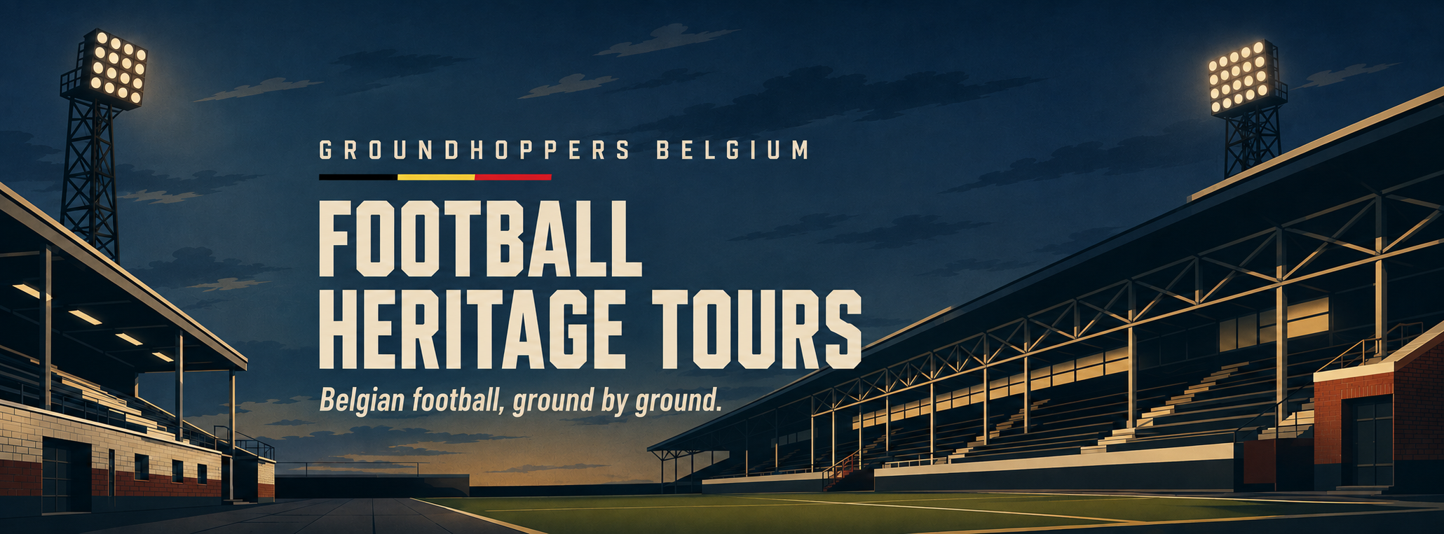 A classic Belgian football ground under floodlights, with the Groundhoppers Belgium identity